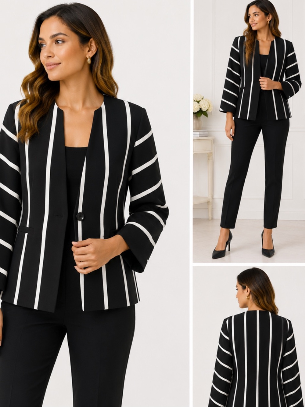 Banana Republic black white strip collarless one button blazers size 8 office